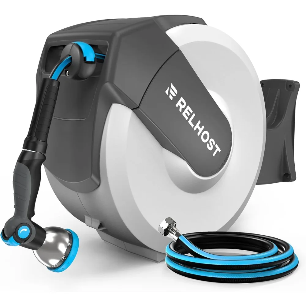 

Retractable Garden Hose Reel 100 ft x 1/2 in, Heavy Duty Hose Reel Wall Mount with Any Length Lock, Auto Rewind System, 180° Swi