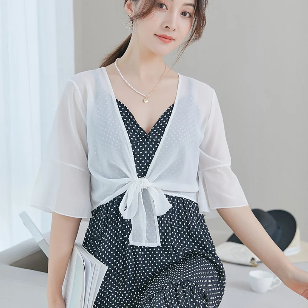 Pagoda Sleeve Chiffon Small Shawl Jacket Transparent Lace Up Chiffon Cardigan Shirt Short Sleeve Korean Style