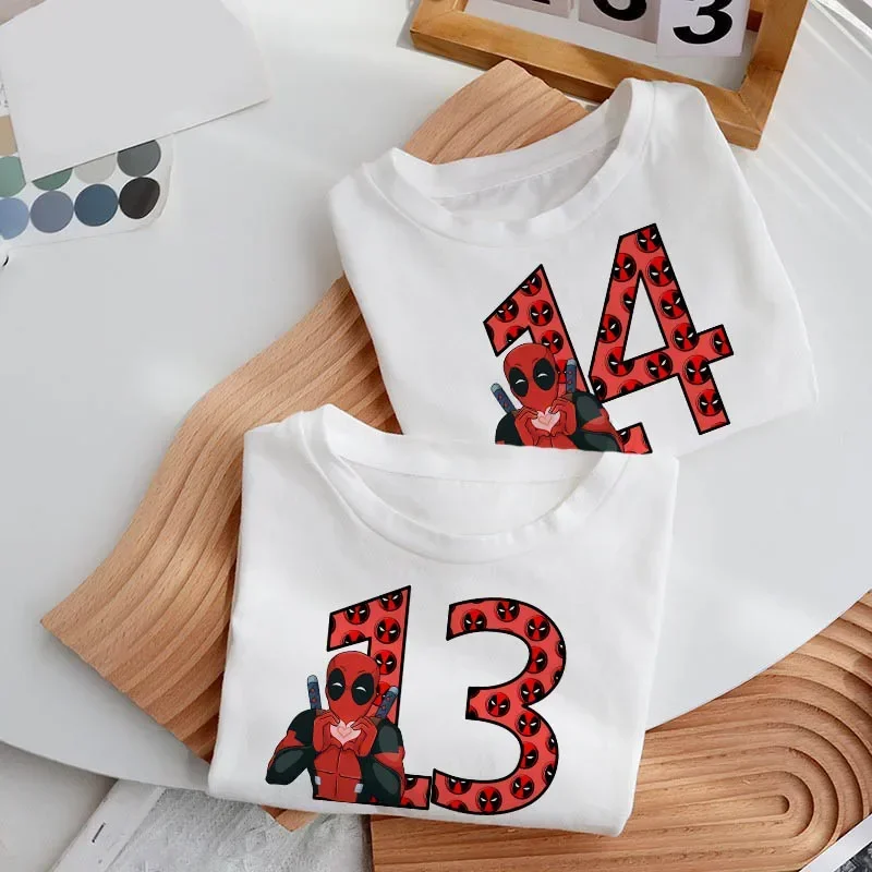 

New Deadpool Children T Shirt Birthday Number 1-14 for Girl Clothes Cartoons Kid Boy T-shirts Casual Clothing Short Sleeve Tops