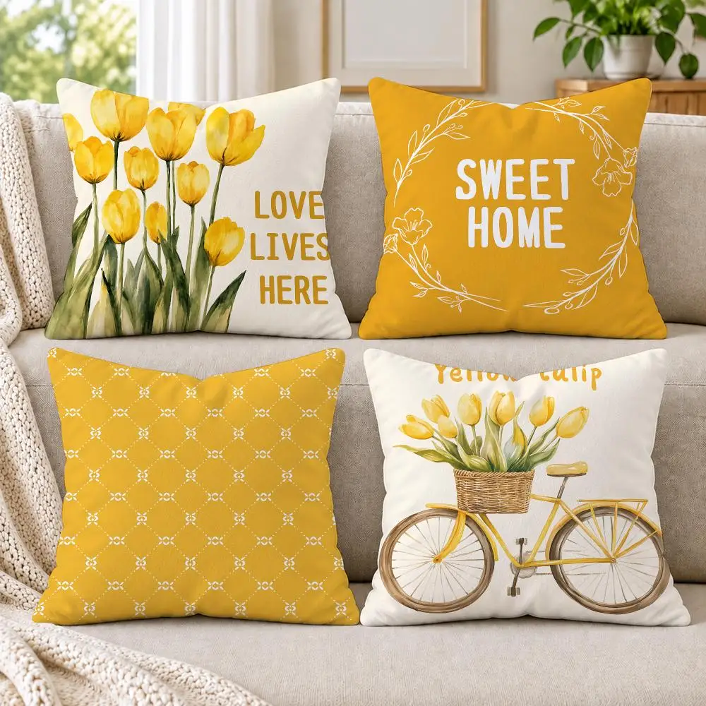 4PC Warm Yellow Tulips Cushion Cover Soft Plush Double-Sided Print Throw Pillow Cover Home Decor for Sofa Living Room