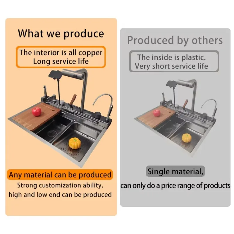 New Trends High Handmade Smart Waterfall Multi-Functional Kitchen Sink with Mobile Phone Holder&Spray