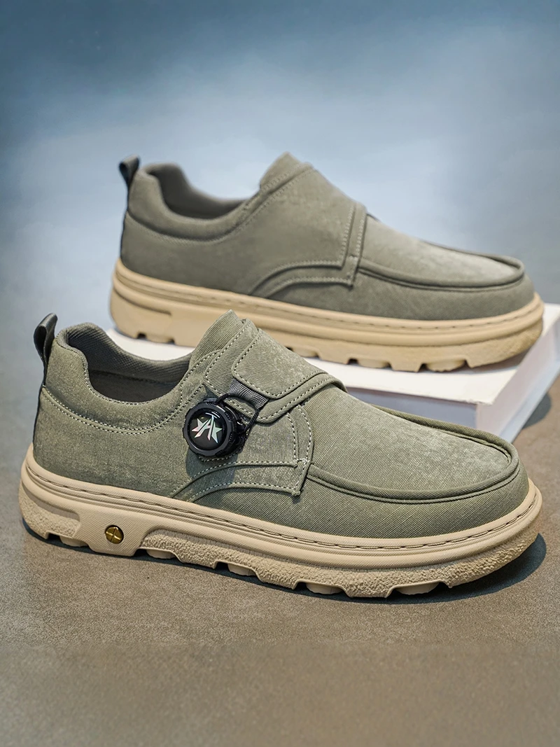 Men's Casual Canvas Shoes with Ice Silk Rotating Button for Work And Leisure Wear Resistant round Toe Low Rubber Outsole