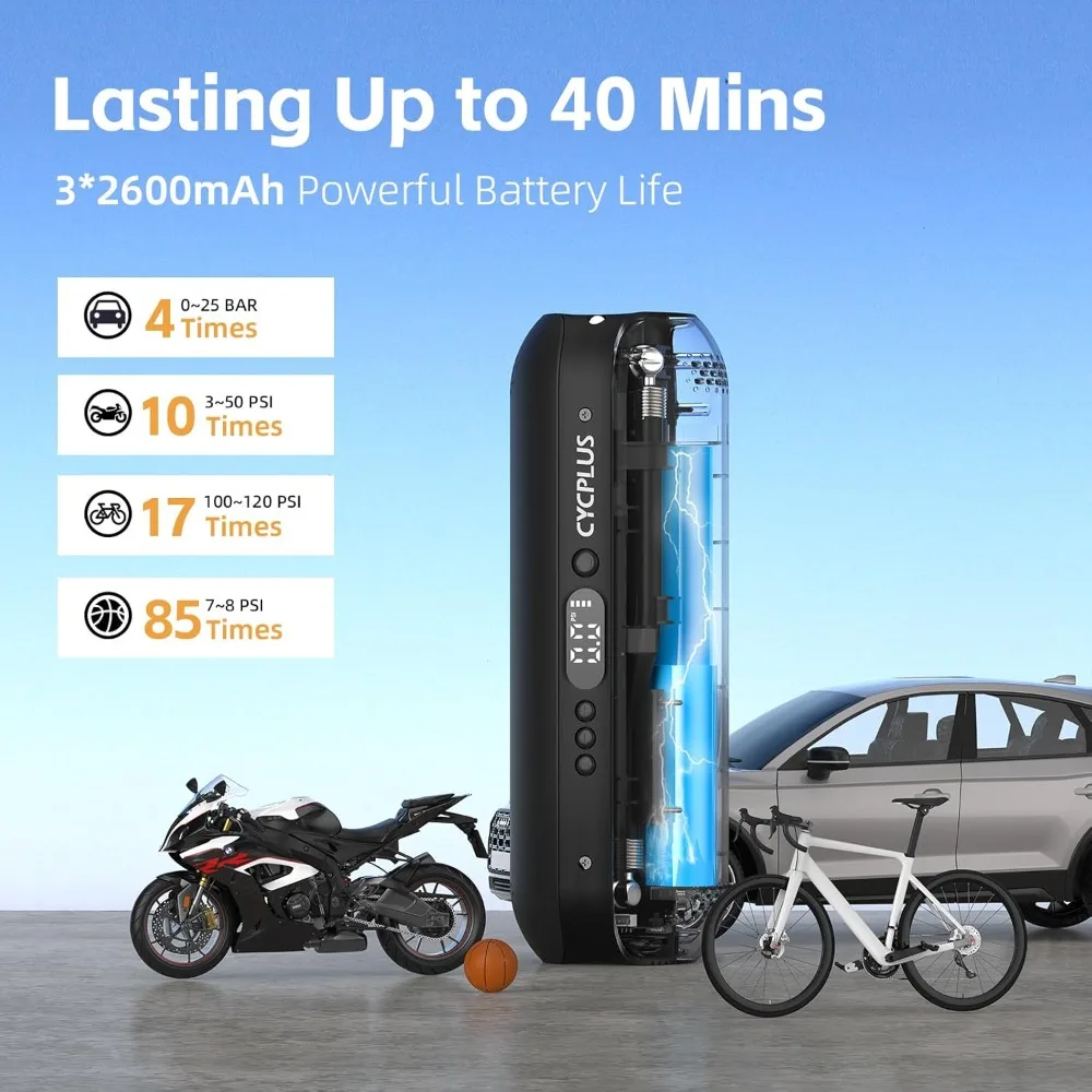 CYCPLUS منفاخ الإطارات ضاغط هواء محمول - مضخة هواء لاسلكية 150 رطل لكل بوصة مربعة مع مقياس ضغط الإطارات الرقمي، شاشة LCD دقيقة #3