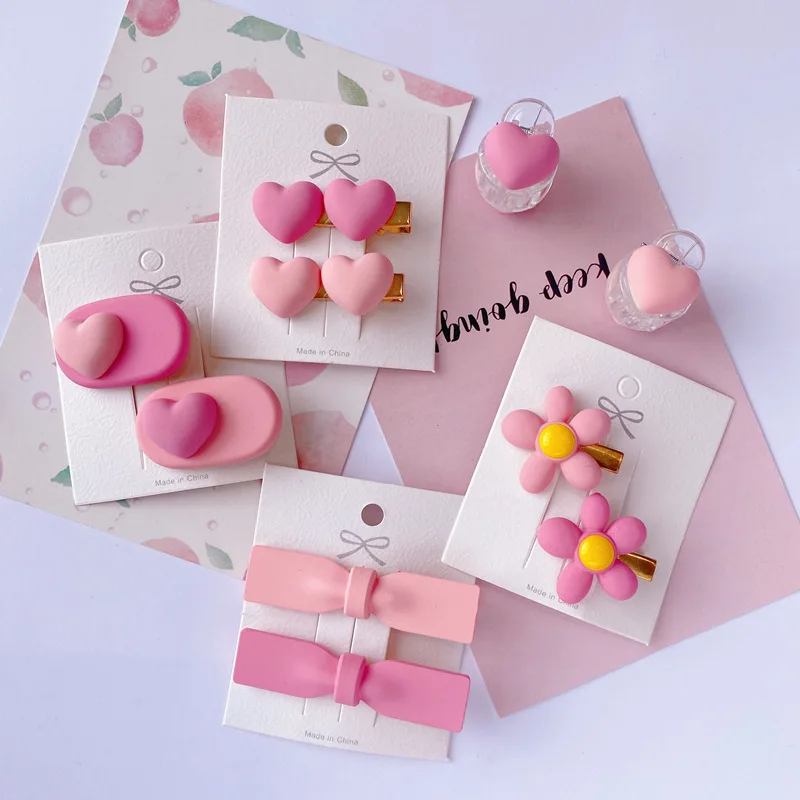 2022 summer new hairpin pink flower peach heart edge clip bow hair clip cute duckbill clip small grab clip