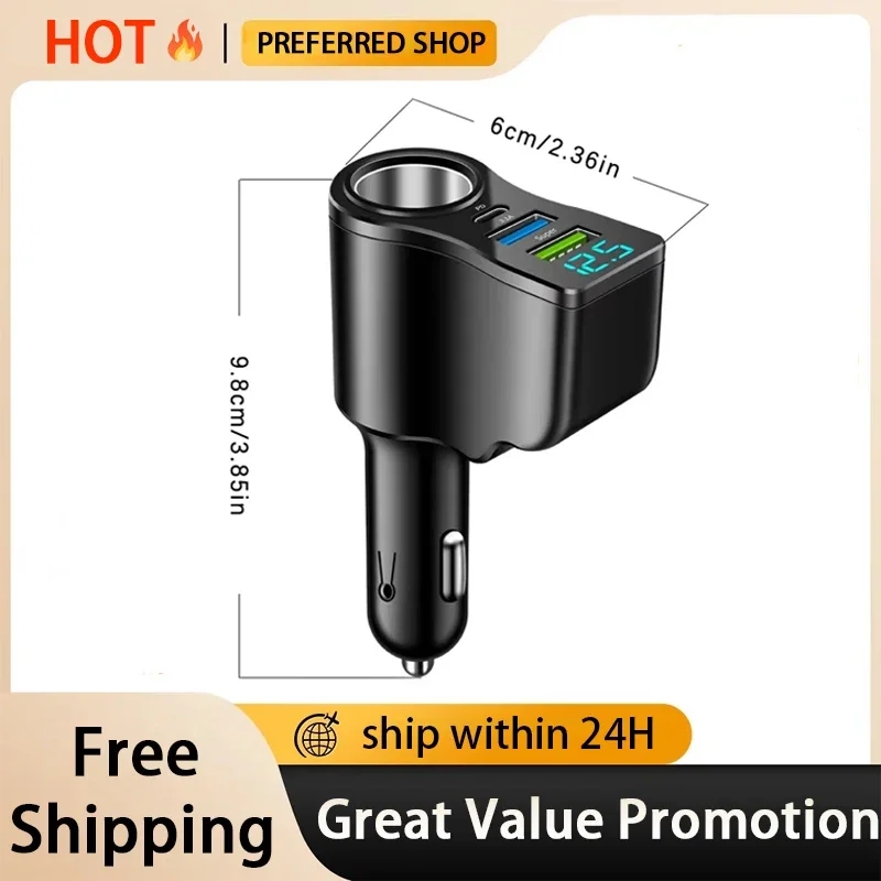 Digital 66W car charger, one to two cigarette lighter conversion, multifunctional dual USB mobile phone charger car Accessories