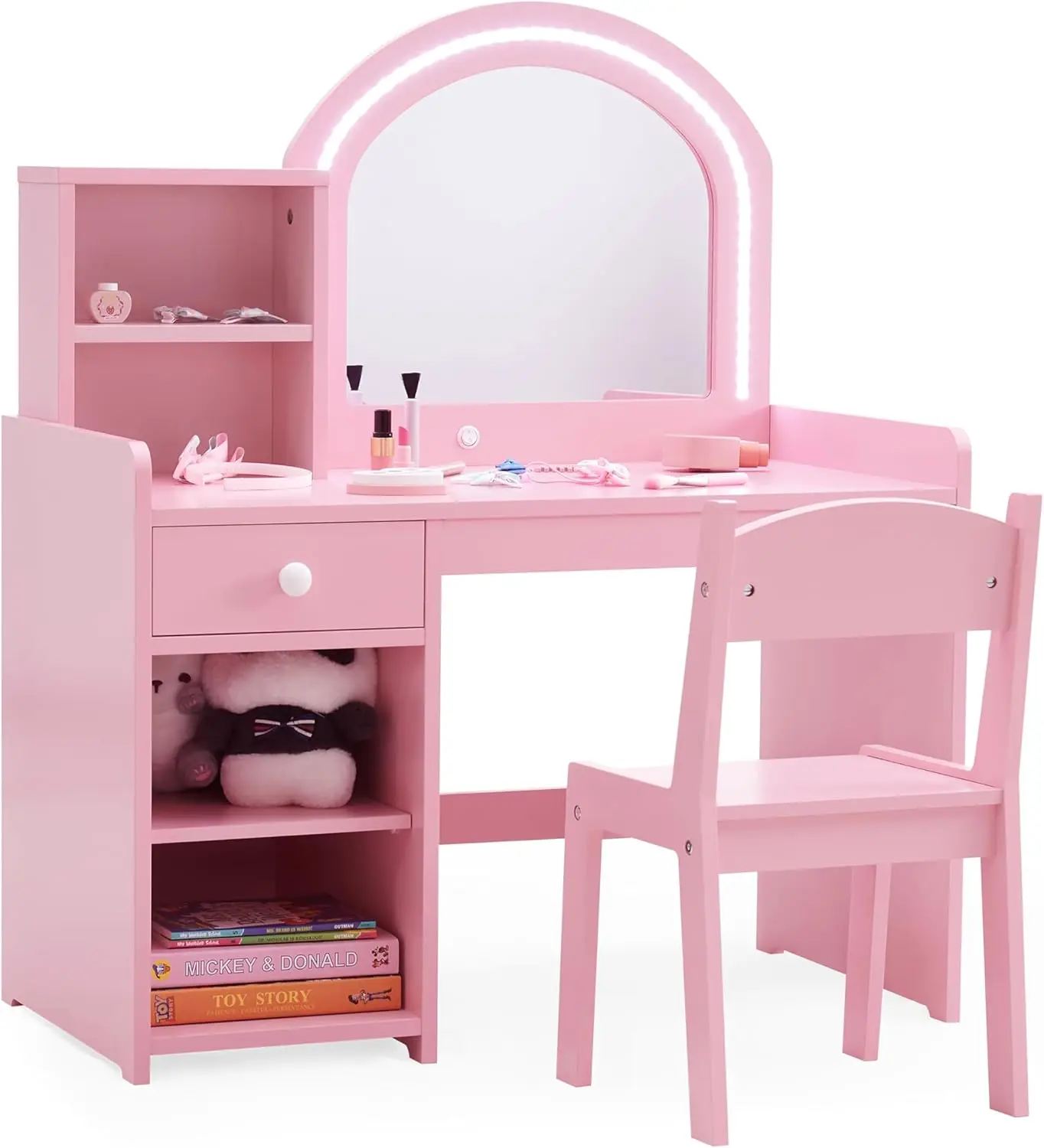 서랍, 선반 및 조명 거울이 있는 어린이 화장대 세트, 여아용 2-in-1 화장대(핑크)