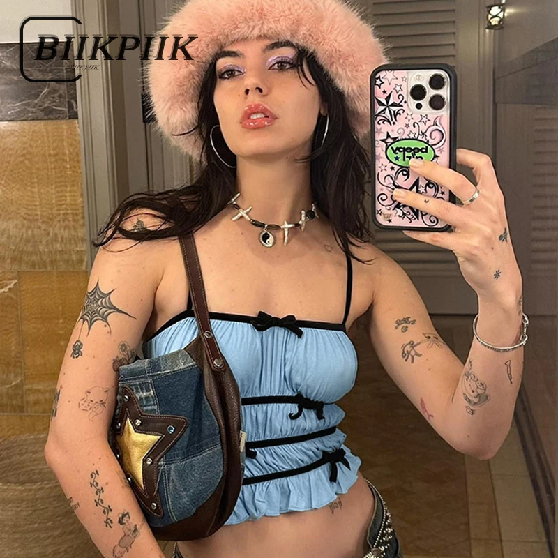 

BIIKPIIK Sexy Bow Shirring Women Camisole Clubwear Hot Sweet Spaghetti Strap Tank Top Fashion Cute Casual Vest Y2K Summer Kawaii