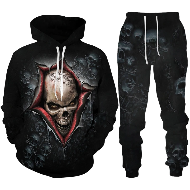 Conjunto de chándal con estampado 3D de calavera para hombre, Sudadera con capucha Punk gótica/traje, ropa de calle de Halloween