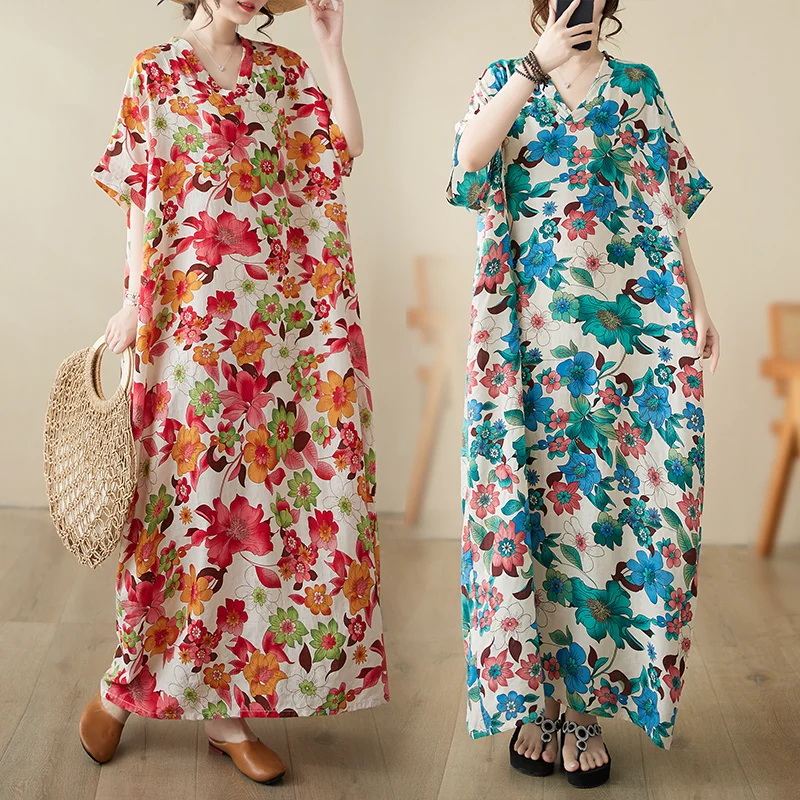 Rok A-Line Katun Linen Longgar Model V-Ne, Lengan Kelelawar, Gaya Pantai Vintage, Ukuran Besar, Santai Musim Panas, Manis