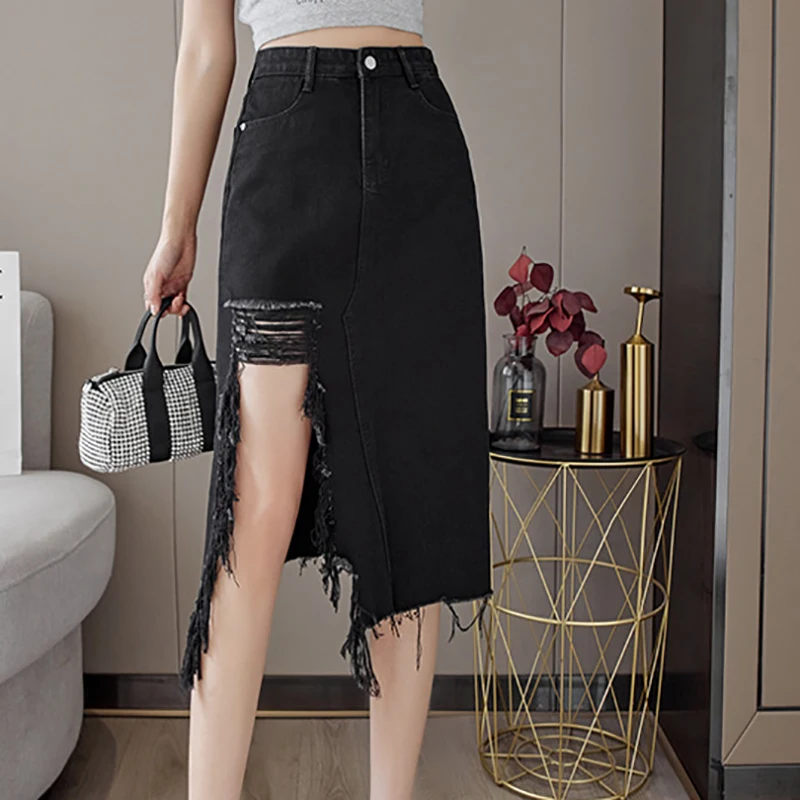 

Irregularity Hole Black Denim Skirts Women Summer Trendy High Waist A-line Slit Raw Edge Skirts Elegant Ladies Skirts