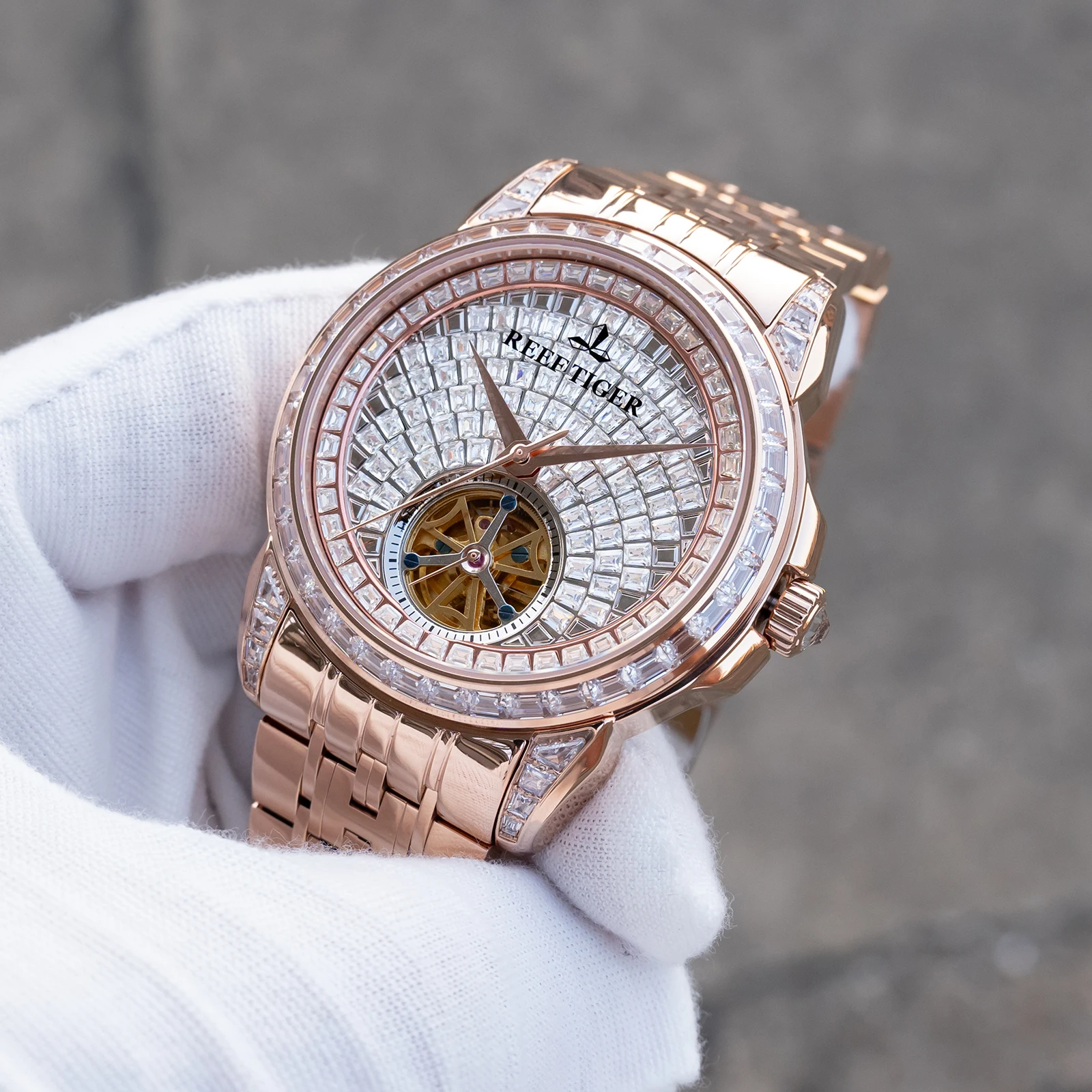 Reef Tiger/RT ElegantHerren-Automatikuhr aus Roségold mit vollem Diamanten, Tourbillon, klassisches Armband, mechanische Uhren RGA1905