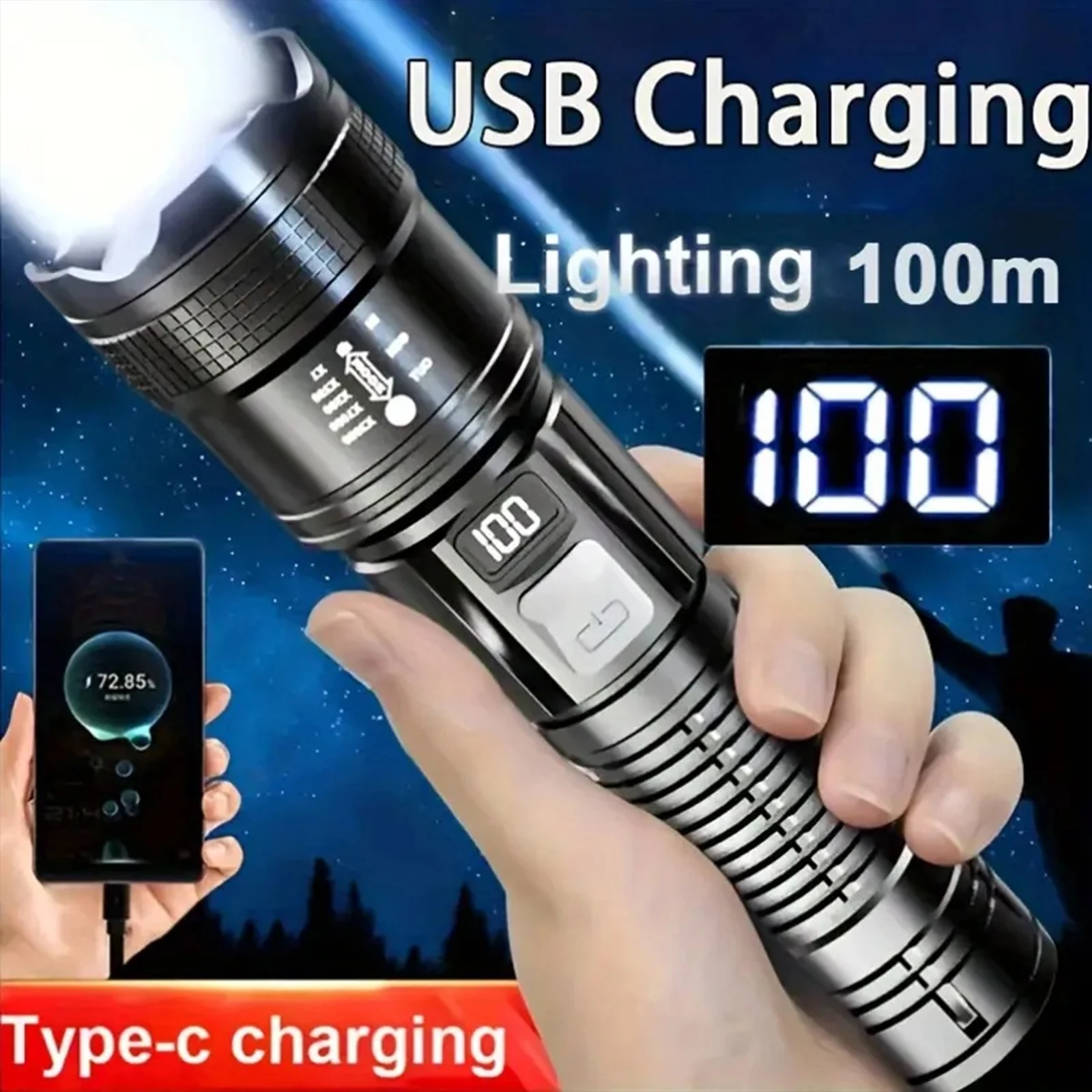 مصباح يدوي LED قابل لإعادة الشحن، شعلة زوومابلي مع شاشة LCD، 3 أوضاع مقاومة للماء، مصباح يدوي عالي الطاقة للتخييم في الهواء الطلق