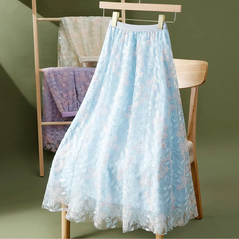 Sweet Floral Embroidery Mesh Midi Long Skirt For Women 2025 Tulle High Waist Elegant Beautiful Dance Skirts