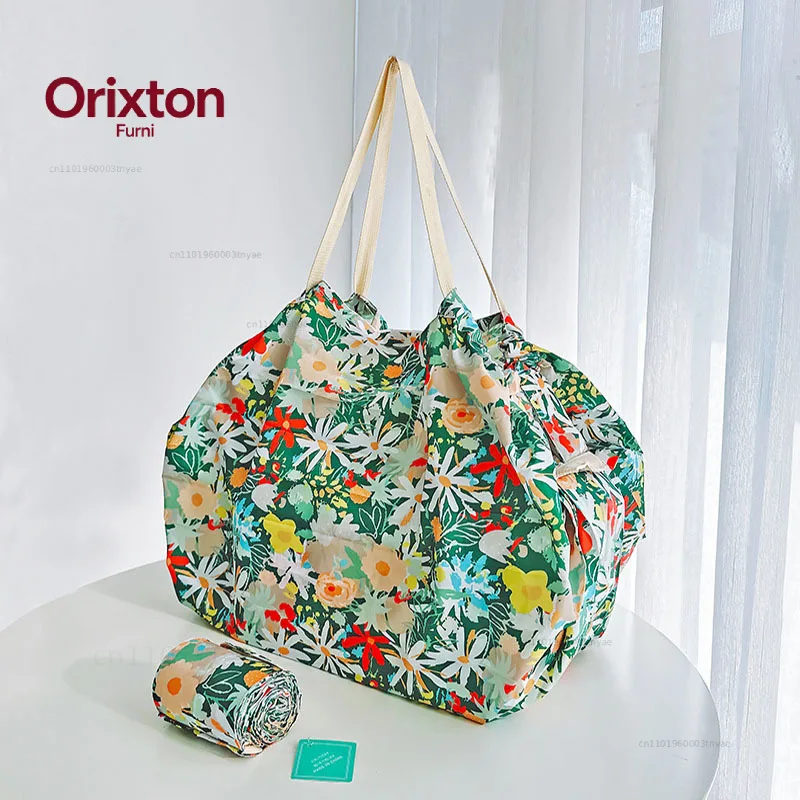 Japanese Style Flower Snap Button Decorated Foldable Handbag for Women Colorful Travel Shopping Bag Fashionable