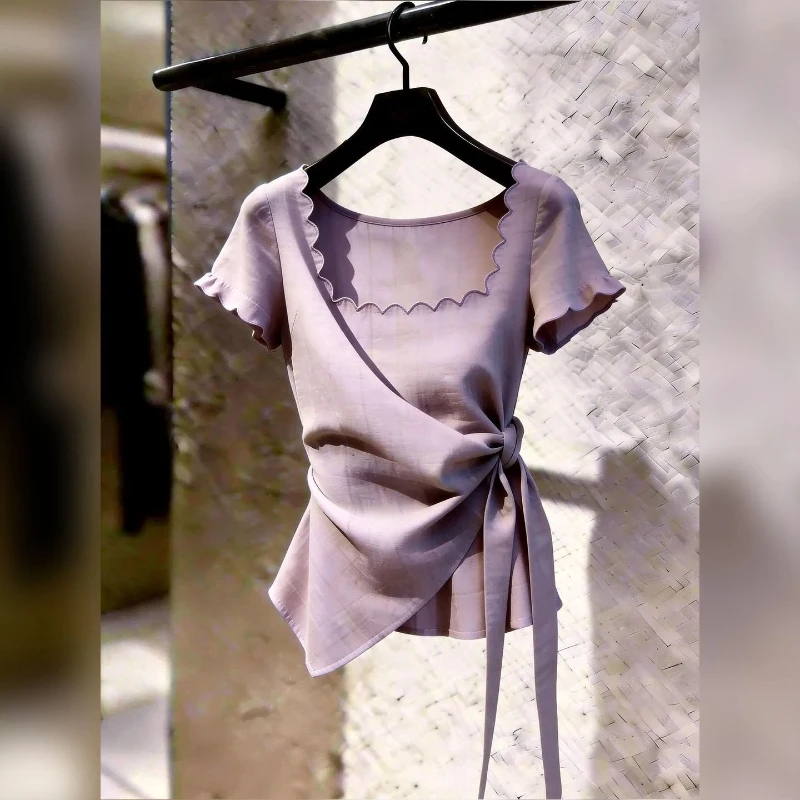 Elegant Bandage Irregular Solid Pullovers Top New Summer Short Sleeve Pleated Temperament T Shirts Korean Fashion Women Clothing