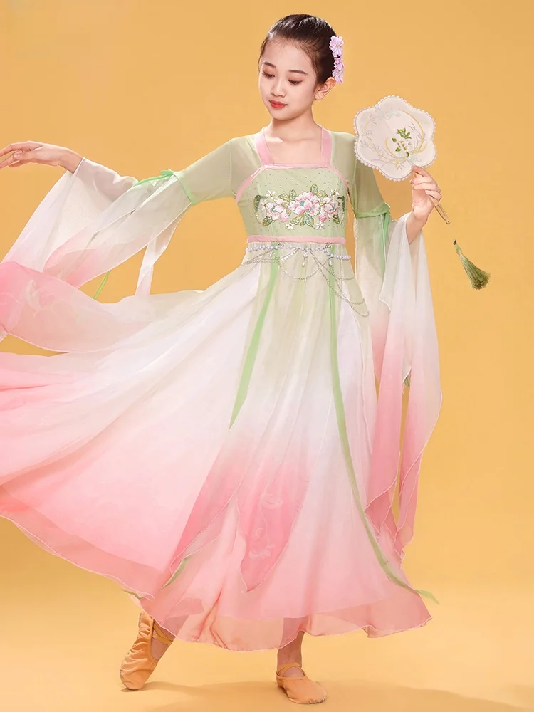 

Костюм для классических танцев Ele для девочек, детский, из струящегося шелка, для танца с веерами в стиле династии Тан, этнический сценический наряд