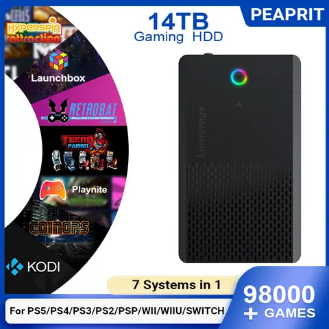 새로운 4K TV 게임 스틱 M15 울트라 64G 128G 휴대용 게임 플레이어 2.4G 듀얼 무선 컨트롤러 5만+ 게임 가족용 게임 플레이어 10 PEAPRIT 14TB 게이밍 HDD (하이퍼스핀 런치박스, 레트로뱃, 플레이나이트, 코인옵스 98K+ 레트로 비디오 게임 콘솔 포함) PS5/PS4/PS3/스위치용