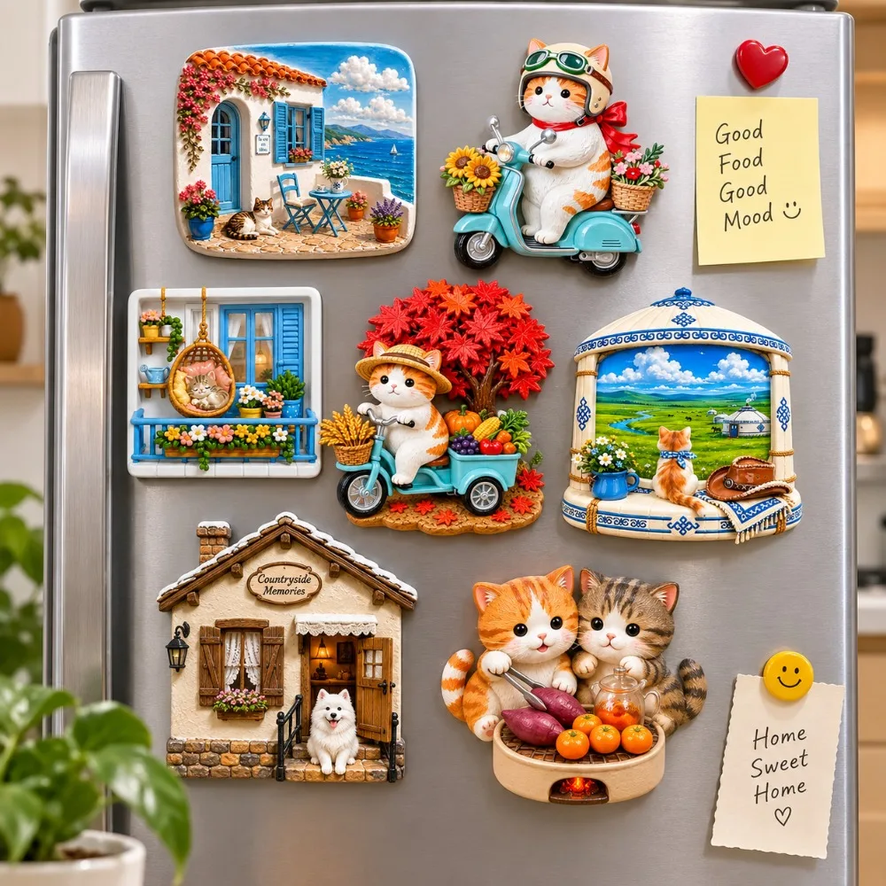 Cute Cat Theme Cat Fridge Magnet 3D Relief Cartoon Pattern Decorative Fridge Magnet Simulation Resin Refrigerator Magnet