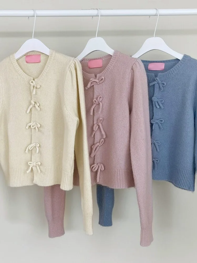 

Chic Knot Sweater Women's Knitted Cardigan Ele Gentle Sle Autumn Faionable Top Sweet Ribbon Design