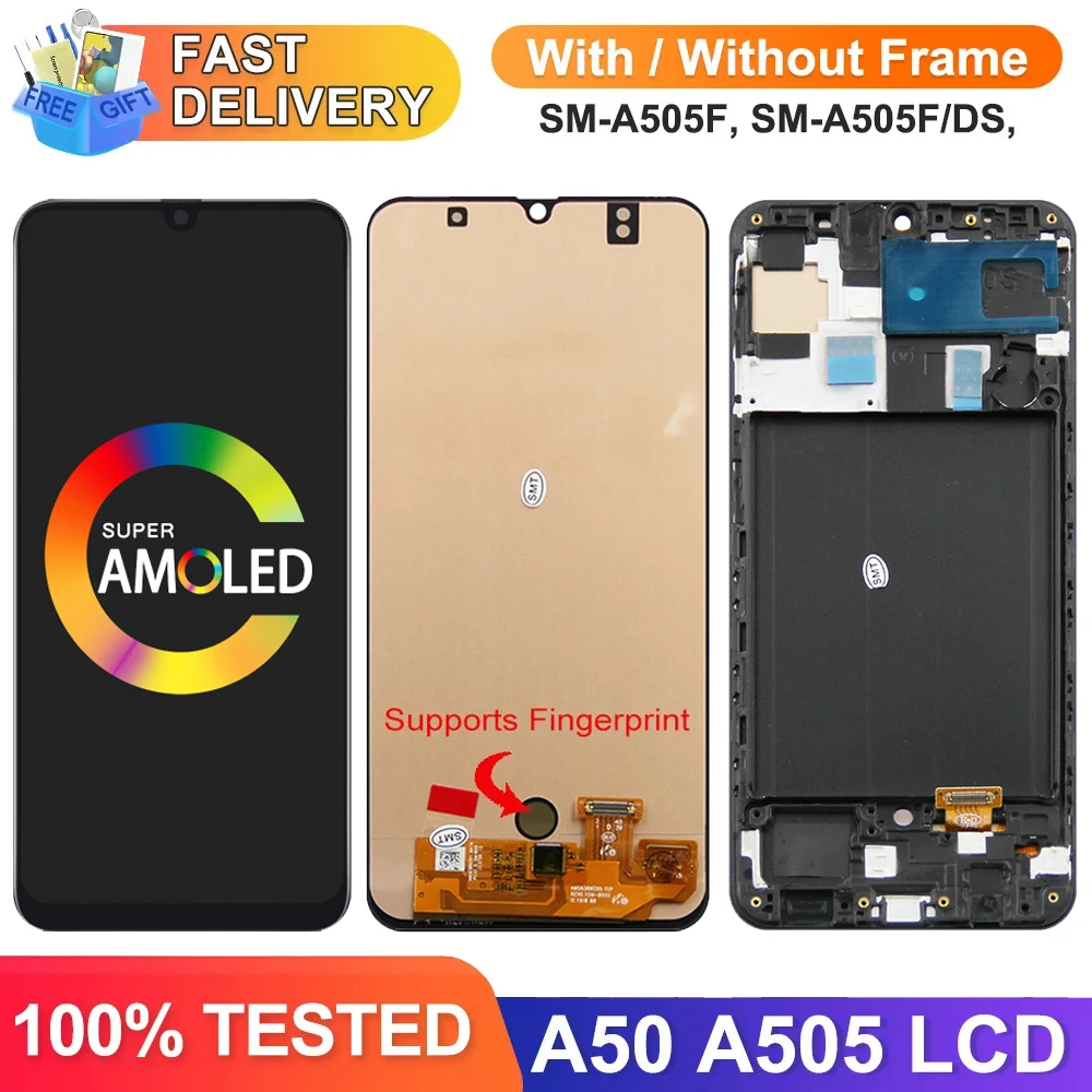 64インチ-a50-ディスプレイスクリーン交換用、samsung-galaxy-a50-a505-a505f-lcd-ディスプレイデジタルタッチスクリーンアセンブリ、フレーム付き