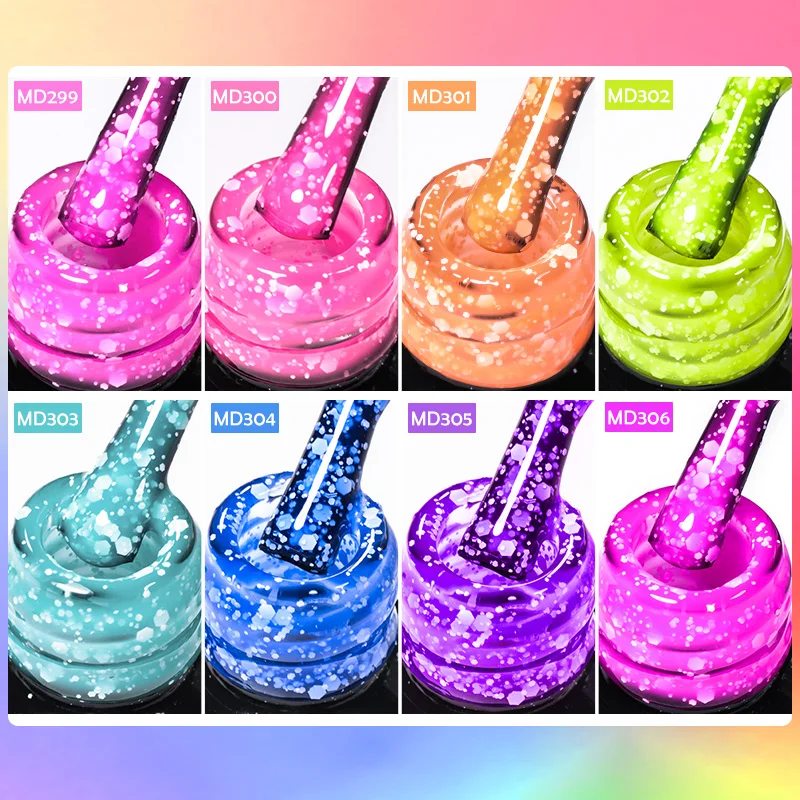 MSRUIOO 8ml Snowflake Gel Nail Polish Fluorescent Pink,with White Sequins and Snow Top Coat for DIY Nail Art HEMA/TPO FREE