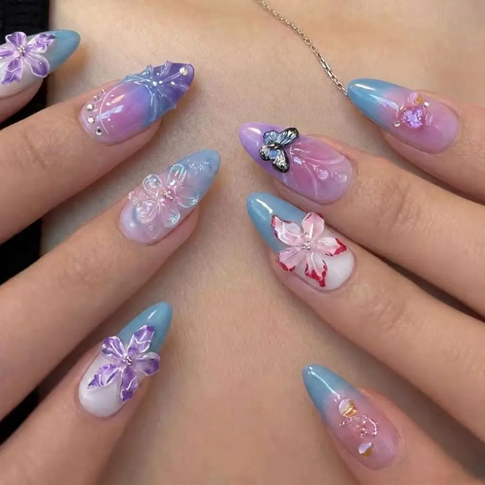 

30-piece Set 3D Flower Press-on Nails Almond-shaped Pinkish Purple Artificial Nail Tips Reusable Gradient Pink Gel Fake Nails
