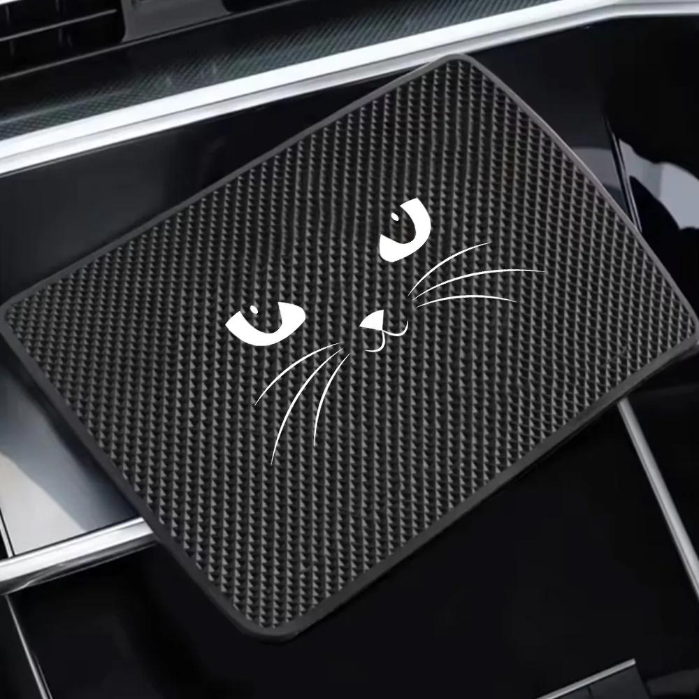 Car Anti-Slip Mat with Cartoon Cat Face Design, Phone and Key Storage Rack, Dashboard Adhesive Magic Mat, Center Console Storage Mat, Car Interior Accessories