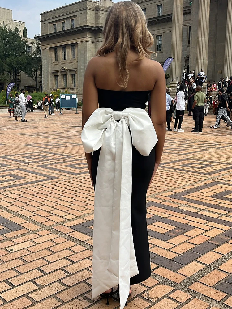Black Strapless V Neck Long Dress with Large White Bow Sexy Backless Sleeveless Prom High - End Evening Gown Vestido