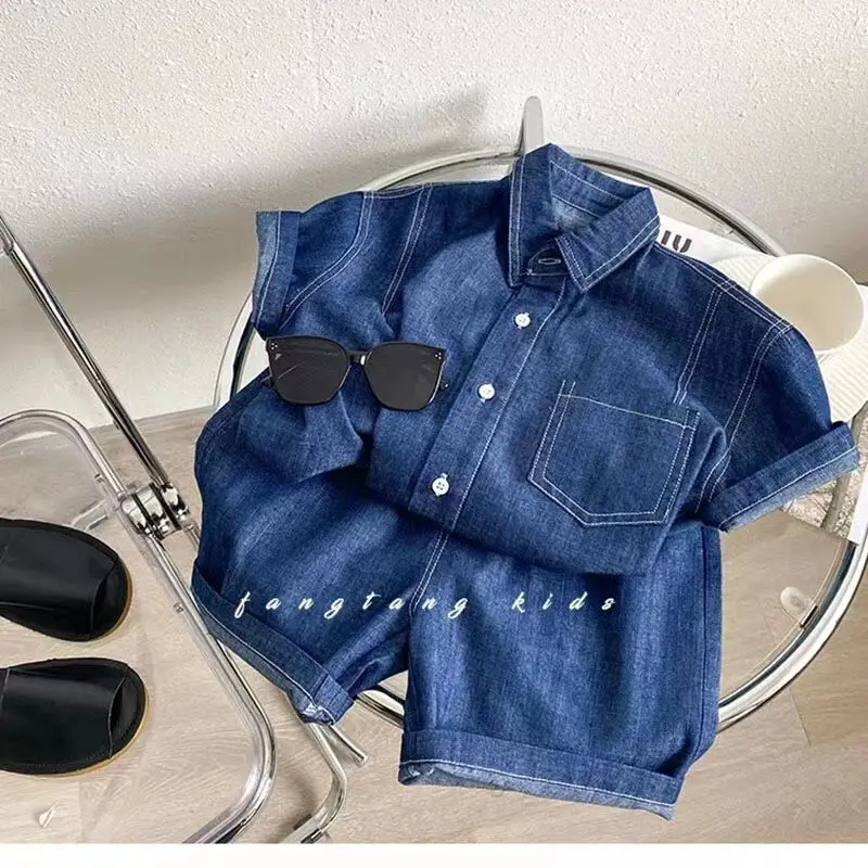 

Children's Set Summer Outfit New Children's Short Sleeved Jacket+Denim Shorts Soft Thin Two-piece Set Korean