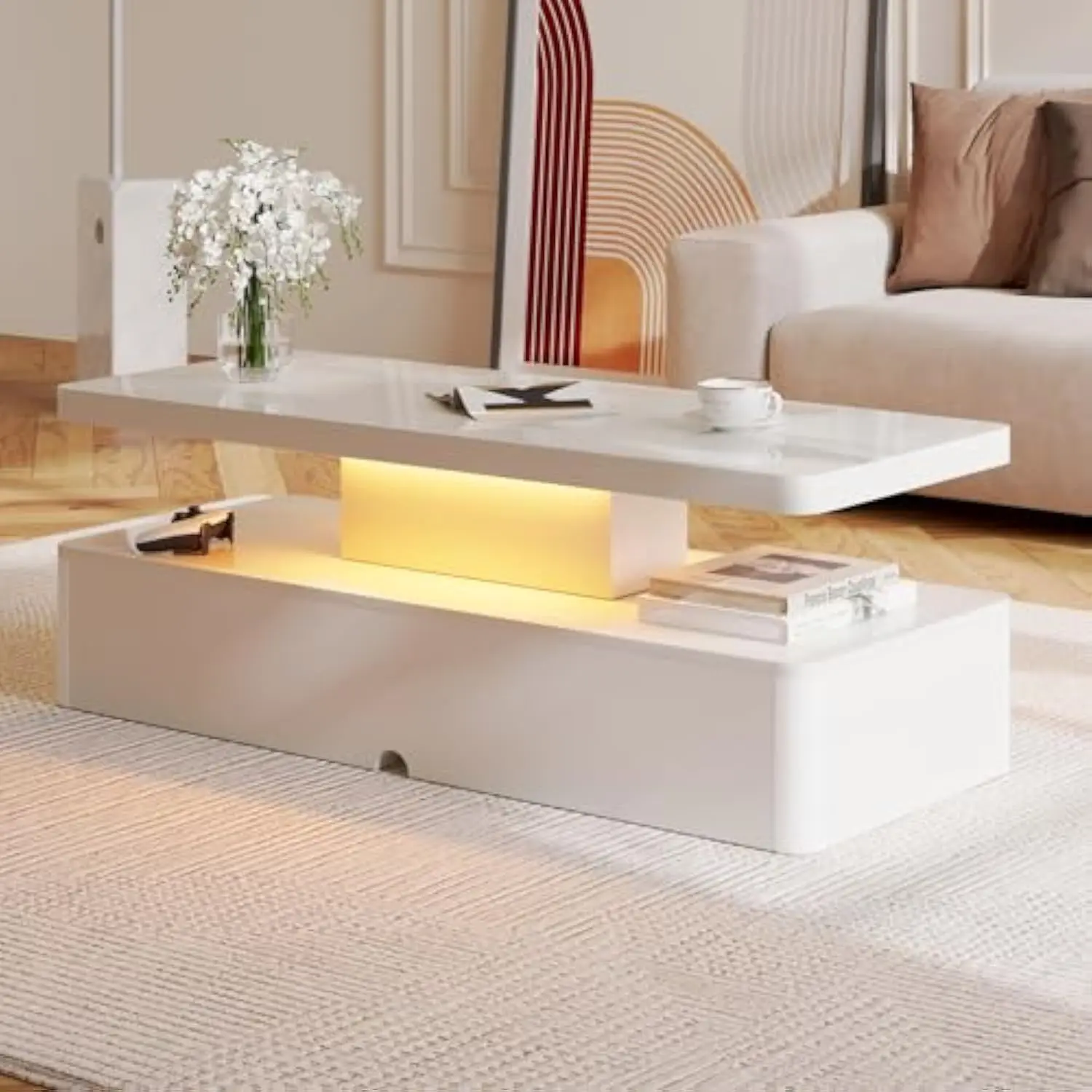 

40 W LED Coffee Table, 18 D x 40 W x 16 H Modern Coffee Table with 16 Colors Lights and 2 Tier Storage Space, Coffee Table for