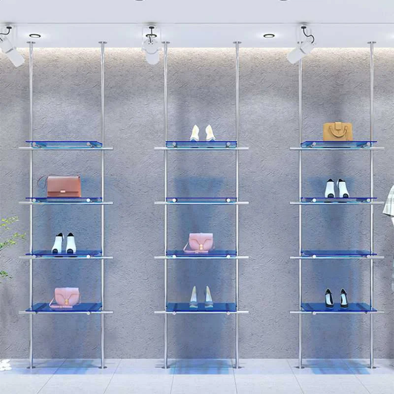 custom，Clothing shoe store shoe rack display rack wall column stainless steel live ask acrylic display bag storage shelves