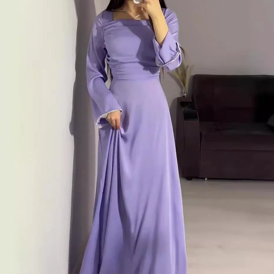 Women Dress Slim Blue Long Dresses Square Collar Long Sleeve Sexy High Waist Floor Length Vestidos Party Elegant Splice Summer