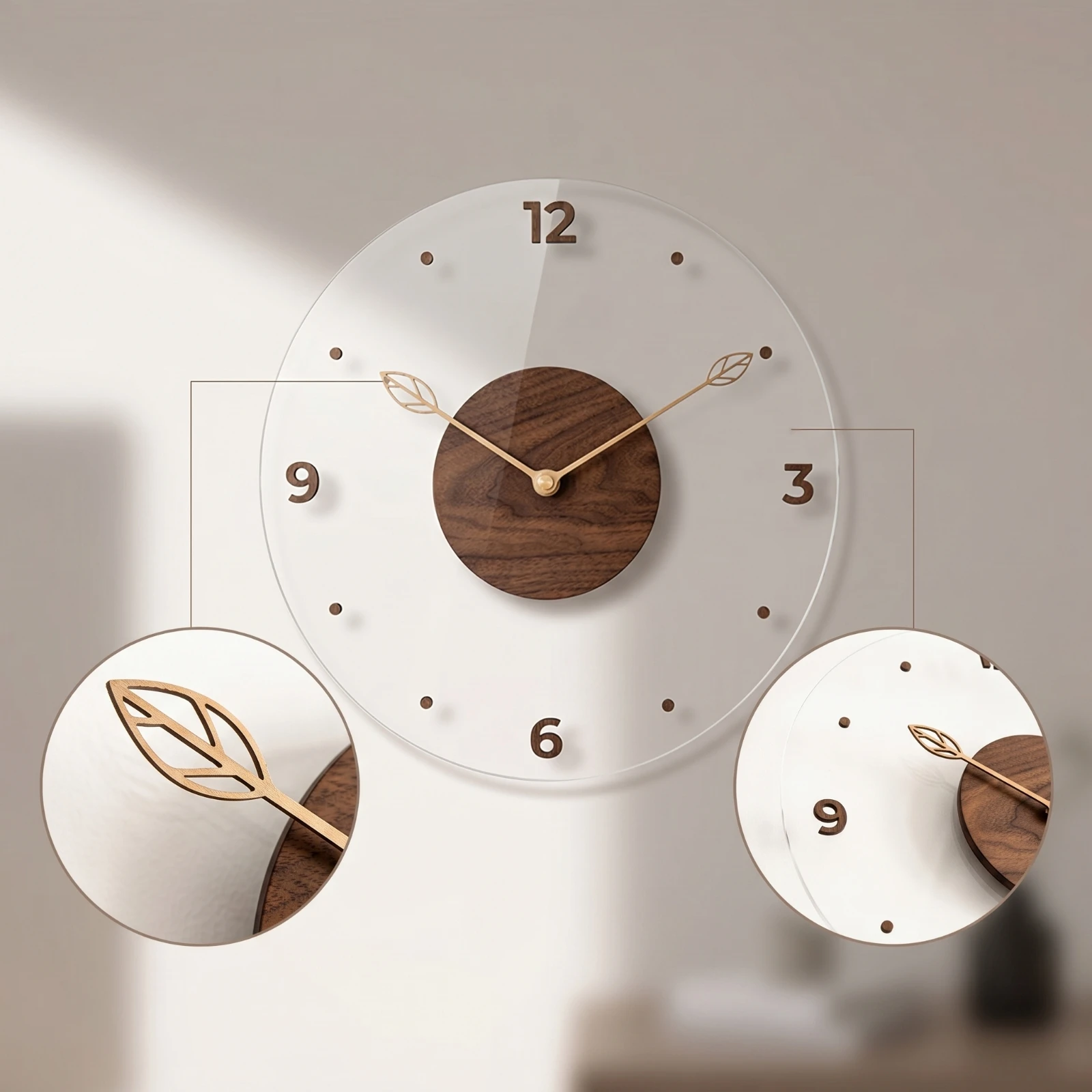 Clock with Walnut Center Decorative Wall Clock with Glass Lens Wooden Long-Lasting for Minimalists, Living Room, Bedroom