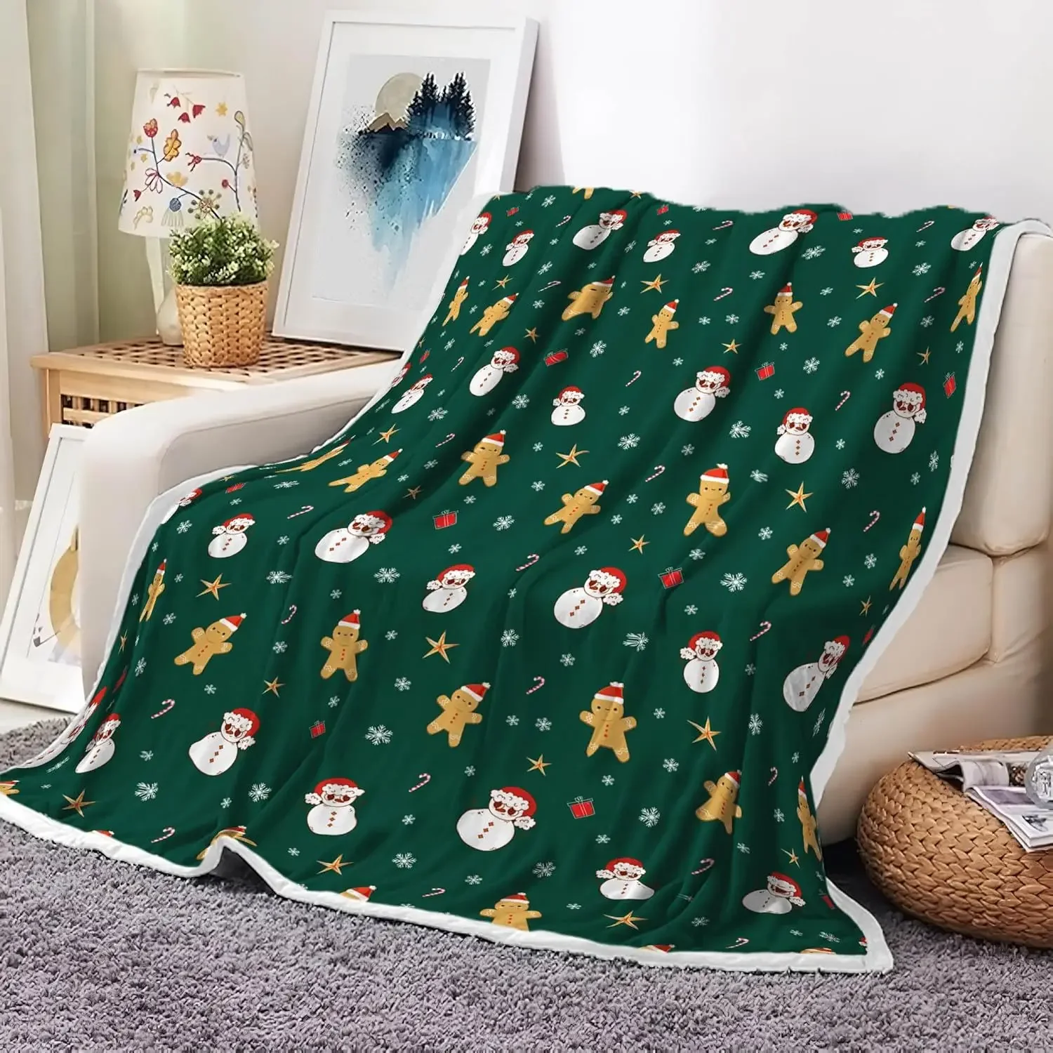 Green Vitality Christmas Snowman Cute Little Man Blanket Both Sides Available Soft Cozy Warm Holiday Ambiance Decorative Blanket