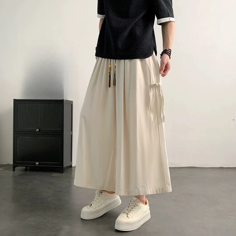 High Quality Linen Cotton Loose Wide Leg Pants Men Chinese Style Seven Tenths Casual Trousers 2026 new