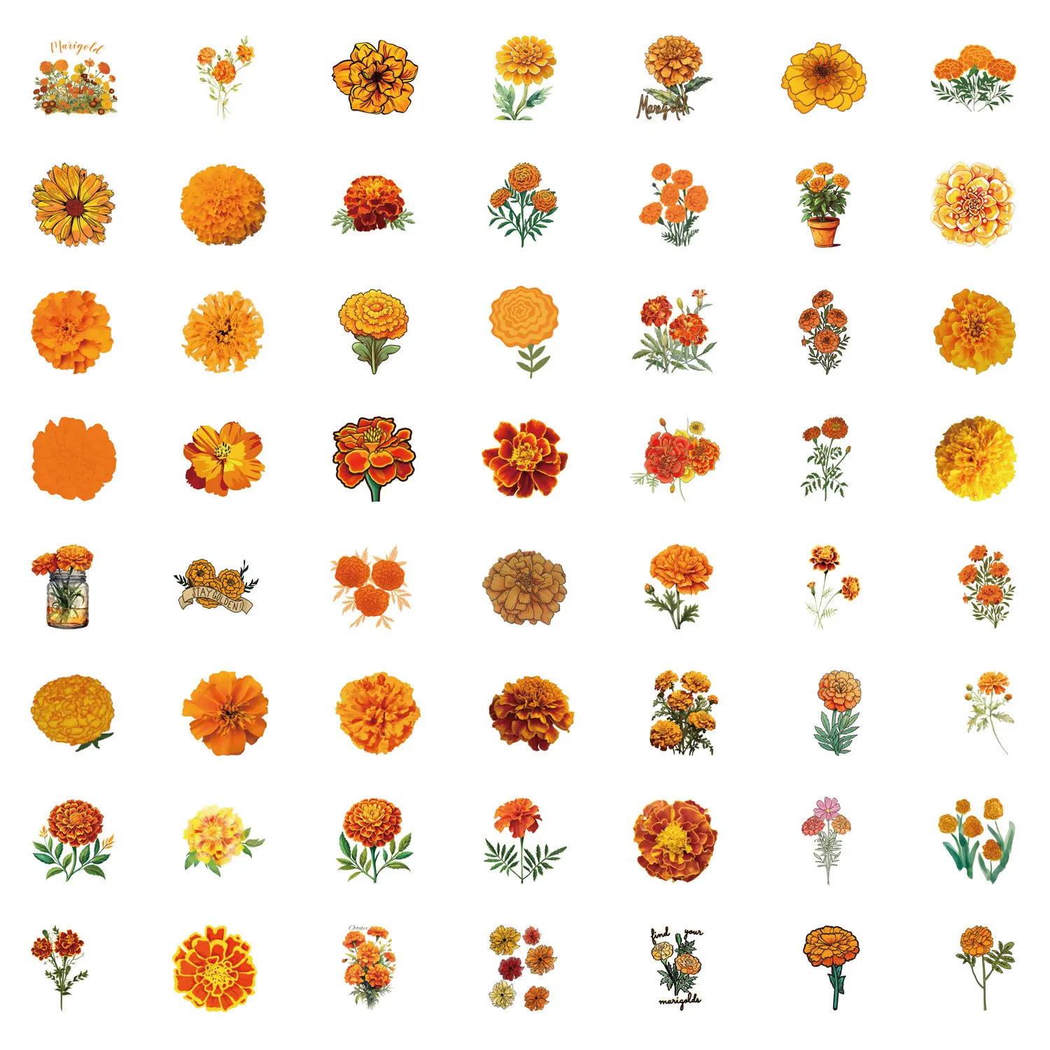 

55PCS Marigold Cartoon Flowers Flowers Doodle DIY Decorative Mobile Phone Case Guitar iPad Waterproof Sticker Kids Toy