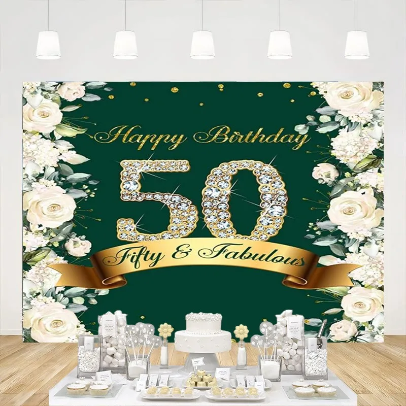 Happy 50th Birthday Backdrop Women Fifty Photography Background Floral Green Silver Shining Diamons Gold Party Banner Decoration