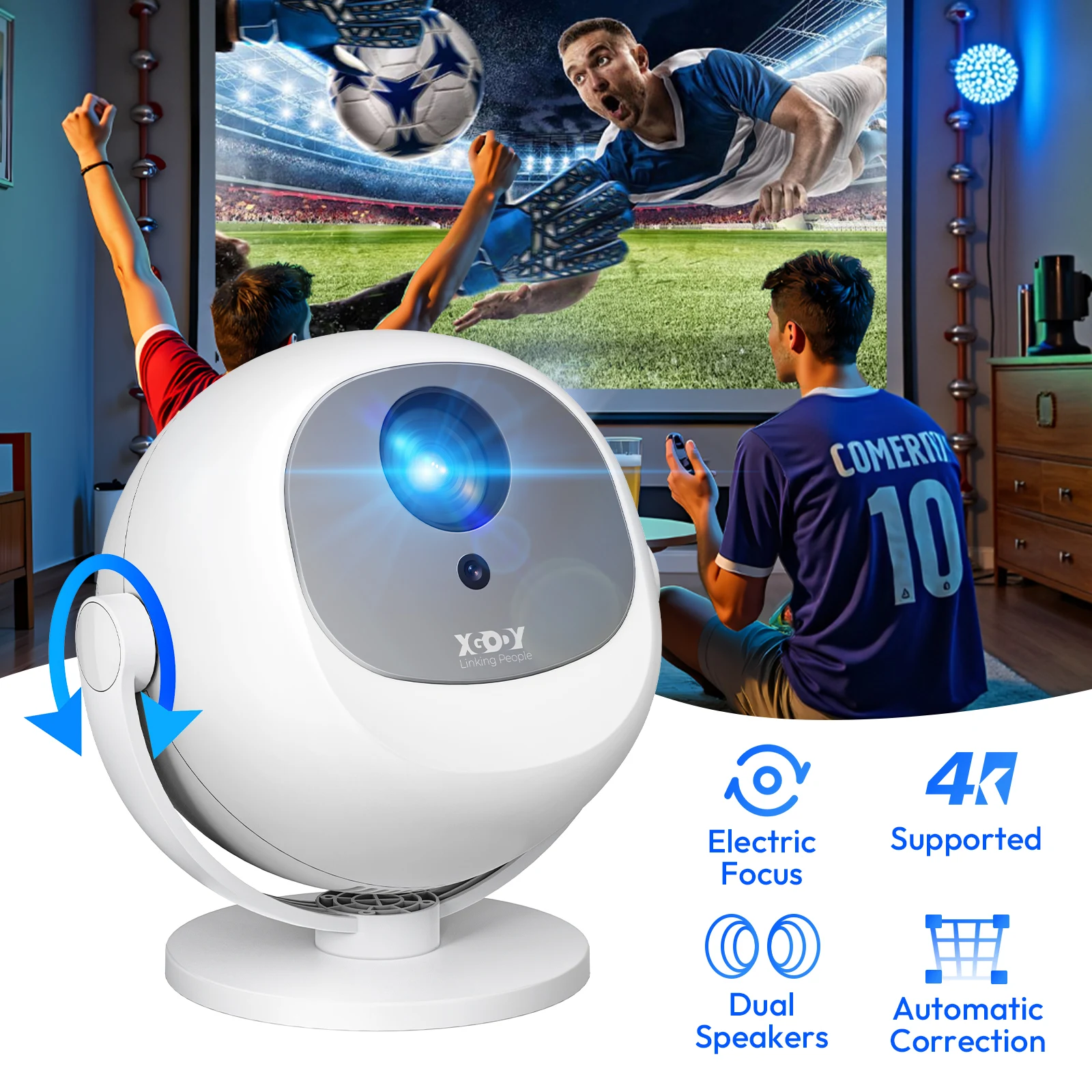 ​ Projecteur portable Android XGODY 400 ANSI 4K, résolution native 720P/1080P, WiFi6, Bluetooth, zoom électrique 50%, mise au point électrique pour home cinéma