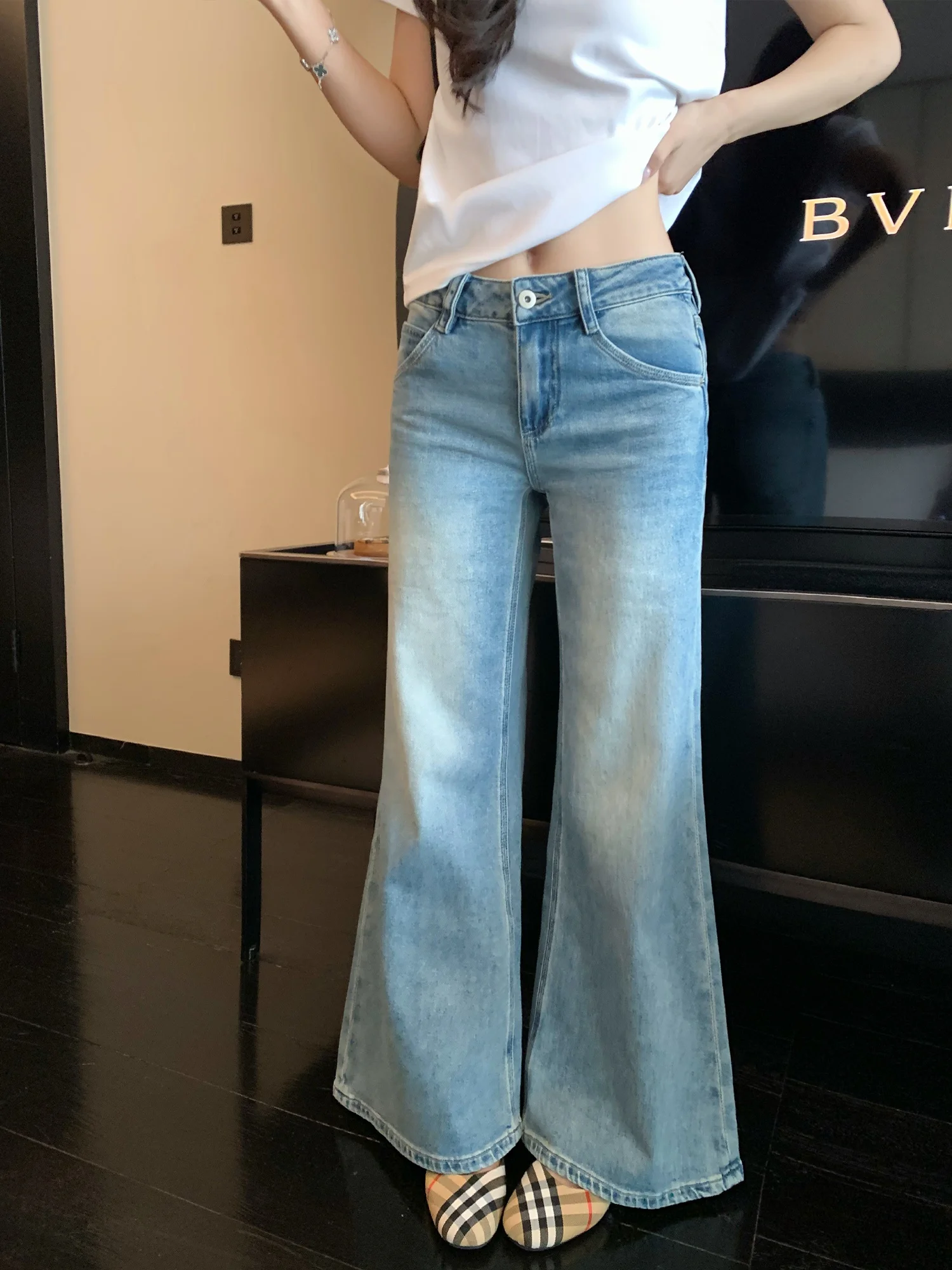 Pusumede Low Waist Bell Bottom Jeans Women's Elegant Slimming Casual Straight Leg Long Trousers Cotton High Elasticity