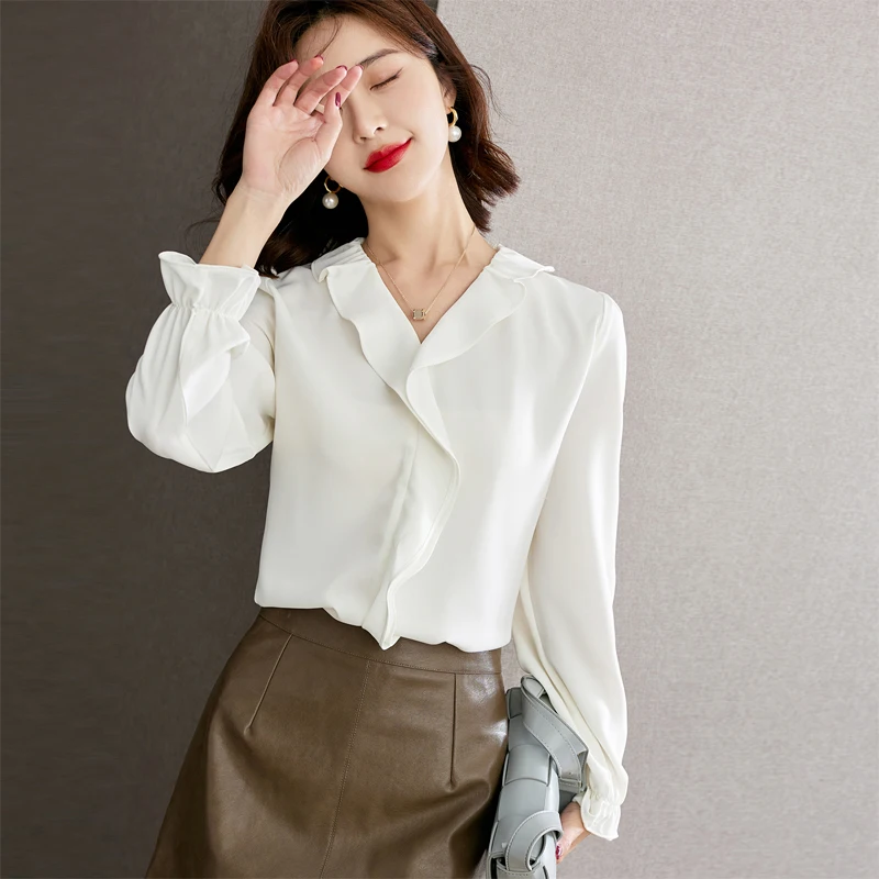 Elegant Womens Tops Ruffled Shirt Long Sleeve Professional Office Shirts Solid Color Top Blusas