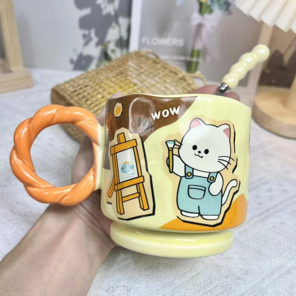 

Cat Dog Rabbit Cartoon Mug,with Spoon Twist Handle Ceramic Drinking Water Coffee Cup Birthday Gift Cartoon Couple High Value