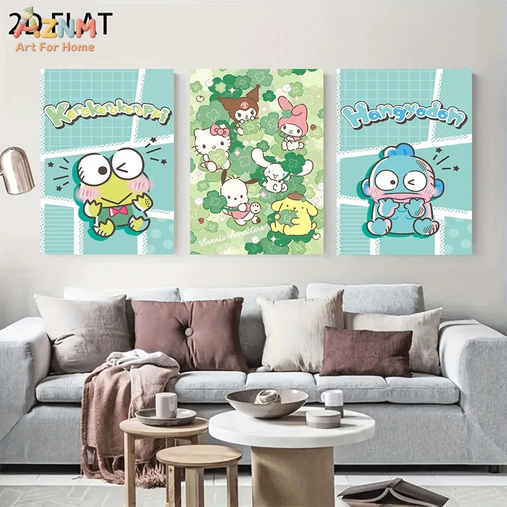 Kawaii Sanrio Clover Series Canvas Poster Kerokerokeroppi Hangyodon Cute Cartoon Wall Art for Girls Room Home Decoration