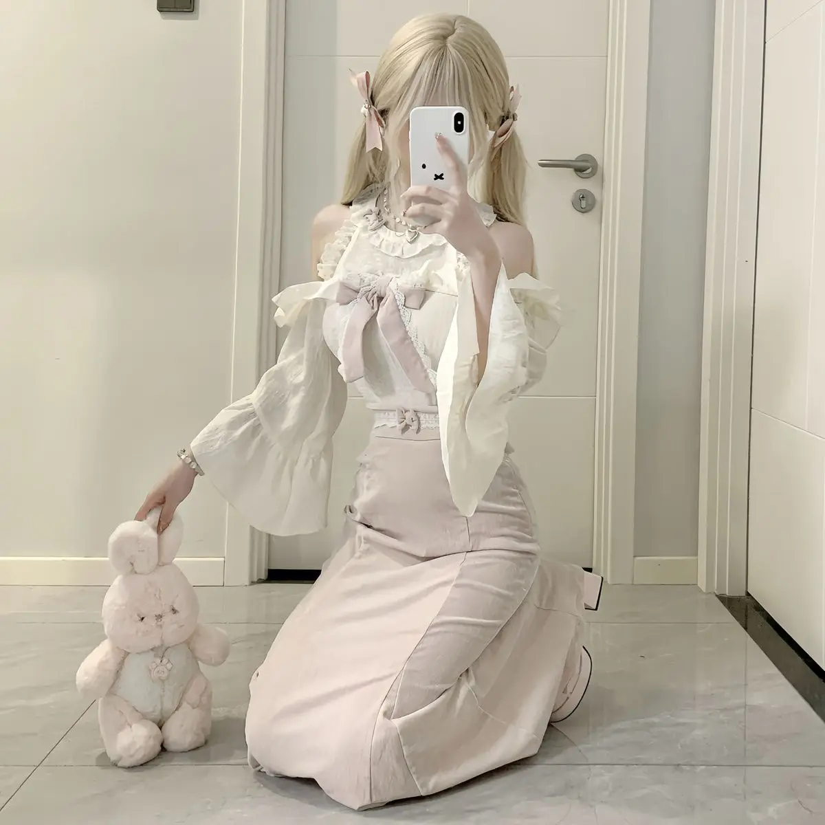 Japanese Sweet Lolita Style Skirt Set Women Cute Ruffles Bow Blouse Slim Tops Pink Party Midi Skirt Suit Chic Korean Y2k Outfits