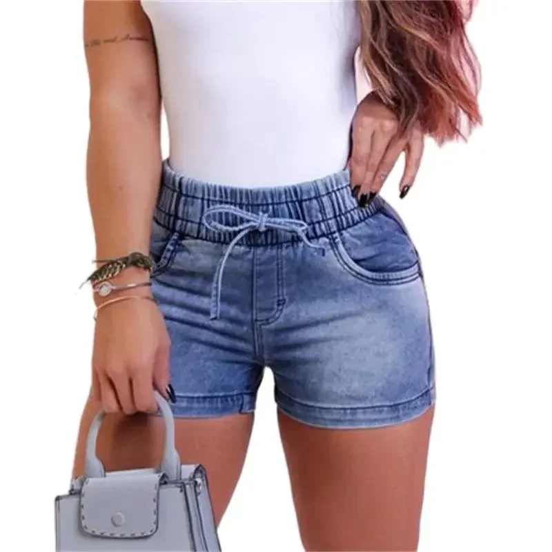 Women Stretch Lace-up Elastic Waist Denim Shorts Summer High-Waist Three Quarter Pants Female Casual Mini Tight Straight Jeans 4