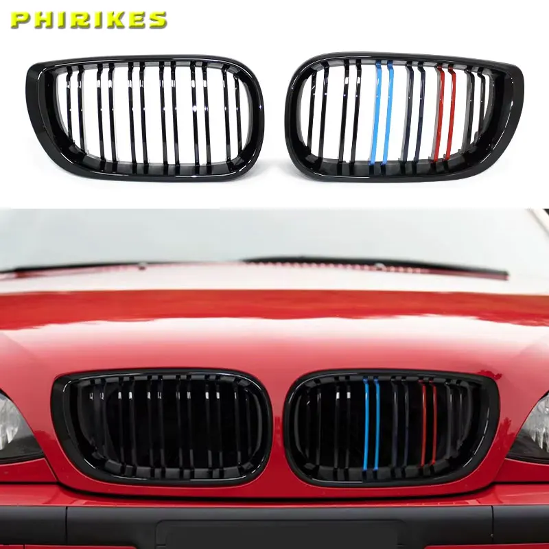 شبكات المصد الأمامي للسيارة سباق الشواية الكلى خط مزدوج الشوايات شبكة سوداء لامعة لسيارات BMW 3 Series E46 4 Door 2002-2005 #1