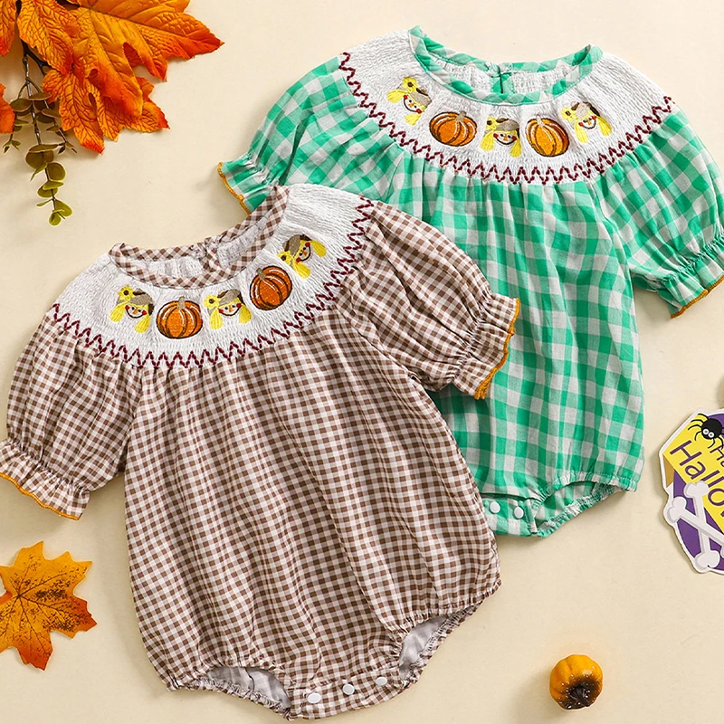 Newborn Baby Girl Smocked Pumpkin Outfit Infant Plaid Bubble Romper Embroidery Halloween Thanksgiving Fall Clothes