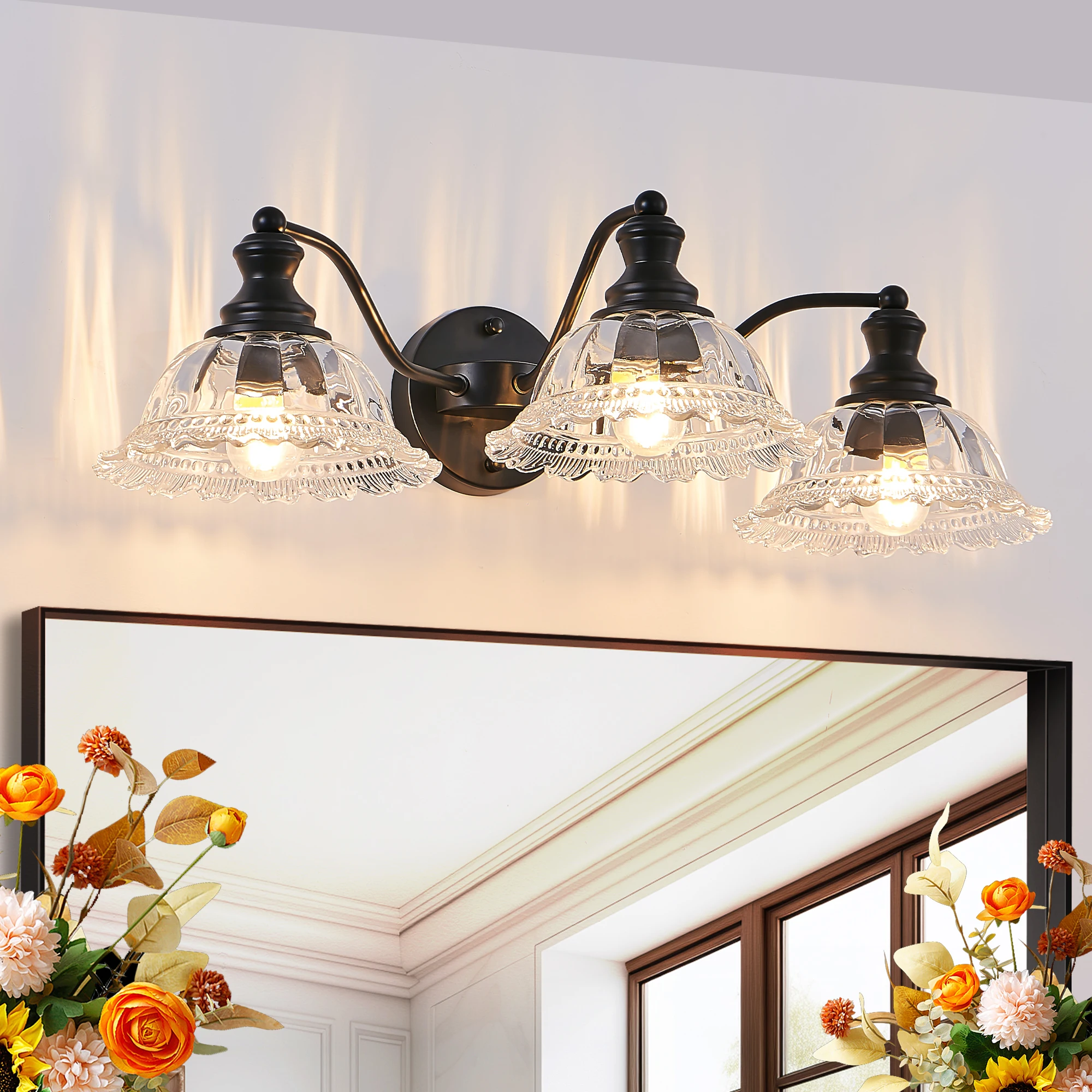 

24 Inch 3-Light Vintage Bathroom Wall Sconce – Elegant Black Metal and Glass Lampshade Vanity Light Fixture (No Bulb)