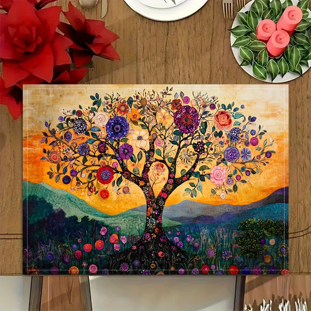 4Pcs Tree of Life Placemats with Vibrant and Colorful Floral Patterns, Perfect for Farmhouse Kitchens, Party Celebrations, and Picnics