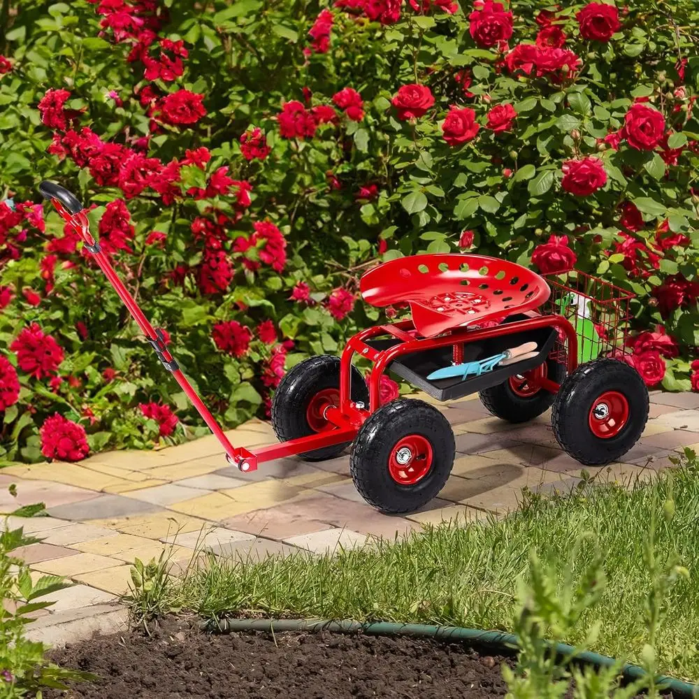

Красная регулируемая садовая тележка с поворотным сиденьем с корзиной для хранения, уличным рабочим сиденьем и садовым табуретом