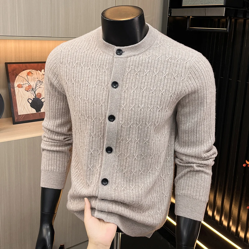 93.8% Sheep Wool Cardigan Men Autumn Winter 6.2%  Goat Cashmere Single Breasted Sweater Long Sleeve Cashmere Wool Warm Knitwear